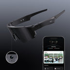 fitn Smart Glasses V03 Pro with DA ECHO App — camera lens close-up and companion app gallery