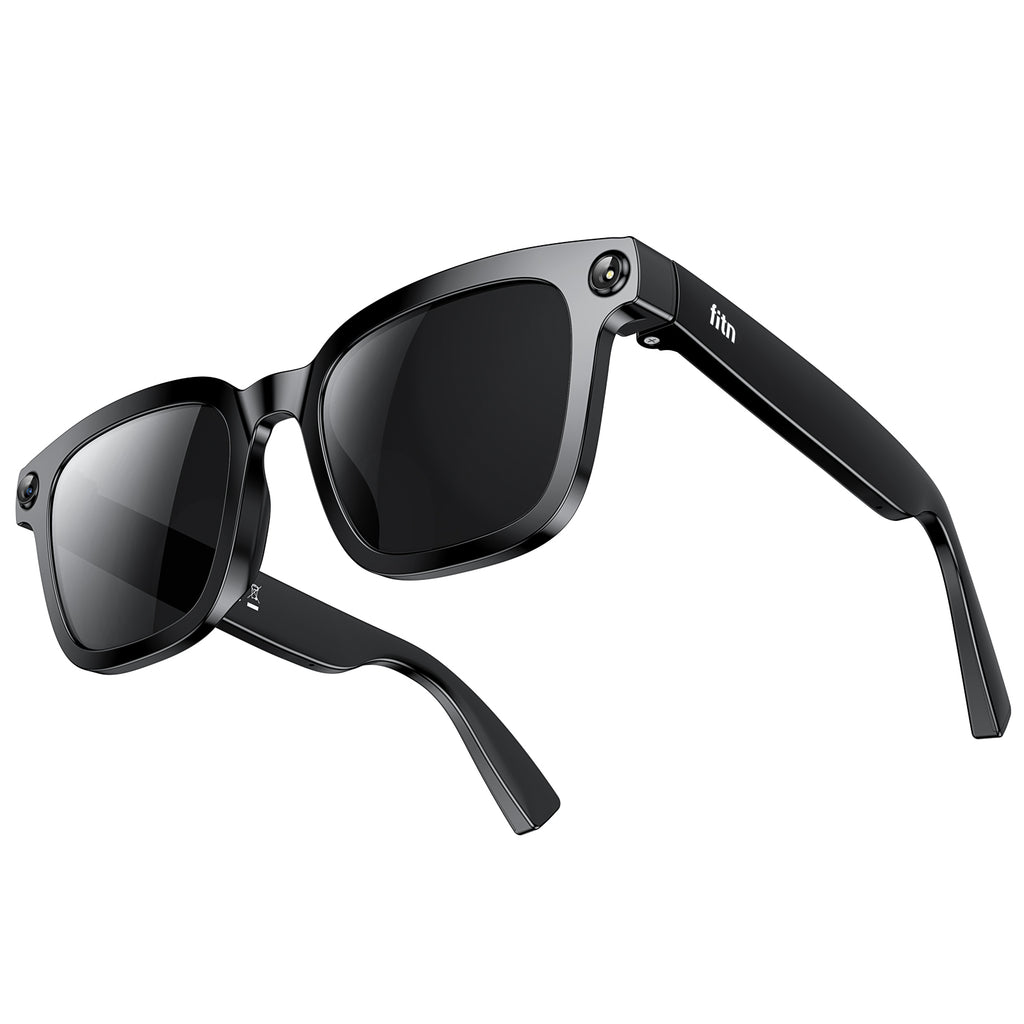 fitn V03 Pro AI smart glasses — matte black TR90 frame with built-in 8MP camera on temple