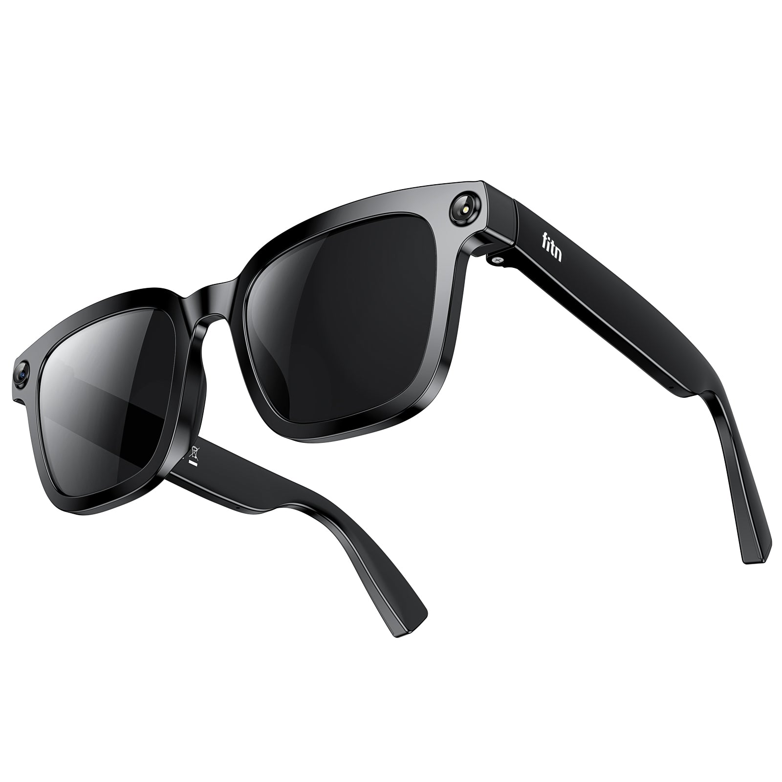 fitn V03 Pro AI smart glasses — matte black TR90 frame with built-in 8MP camera on temple