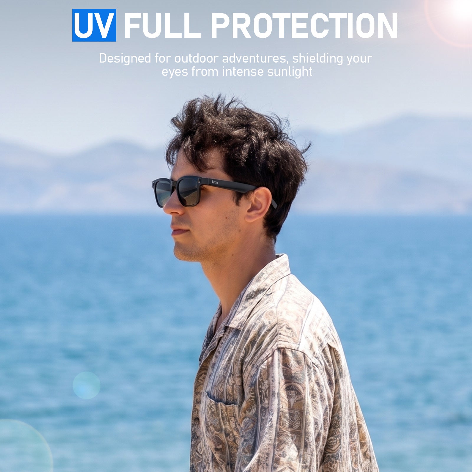 fitn V03 Pro UV protection smart glasses — man wearing fitn glasses outdoors by the sea