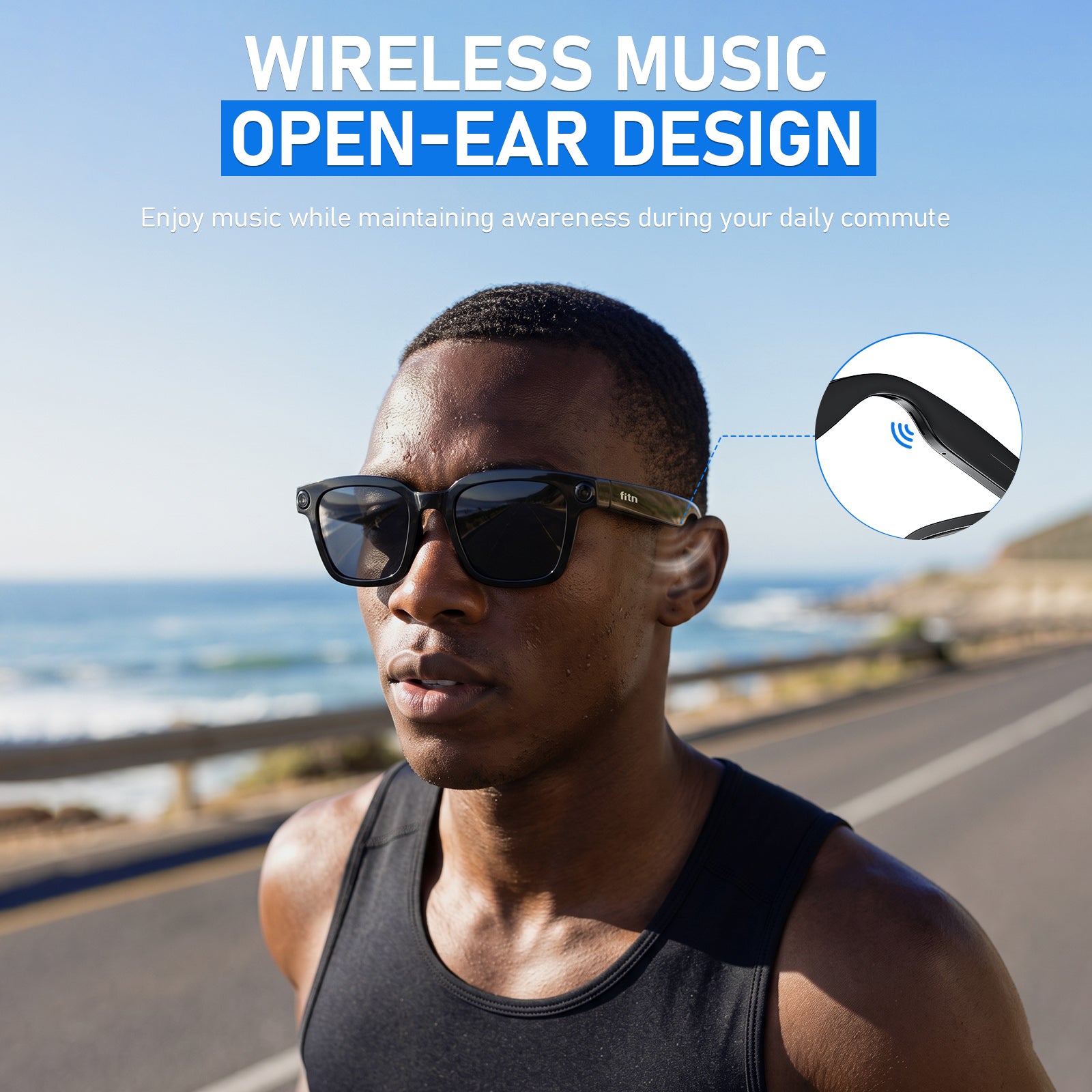 fitn V03 Pro open-ear audio — man running with fitn smart glasses, wireless music open-ear design