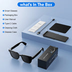 fitn V03 Pro smart glasses — close-up detail, matte black frame, built-in camera and speaker design