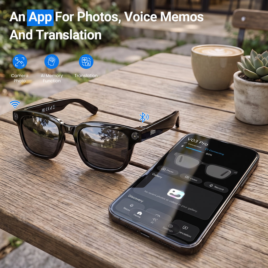 Gafas inteligentes fitn — Cámara POV de 8MP, Asistente de IA y audio de oído abierto | V03 Pro